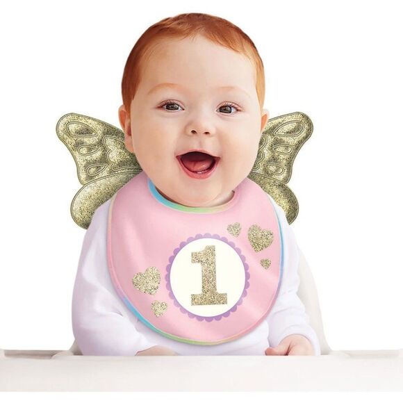 1st Birthday Glitter Gold & Pink Fabric Bib with Wings 1 Piece - Picture 1 of 3